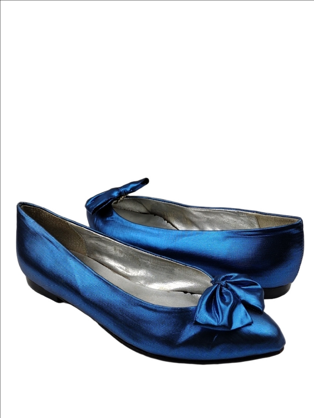 Impo Royal Blue Metallic Finish Satin Bow Detail Pointed-Toe Low Heel Pump Shoe
